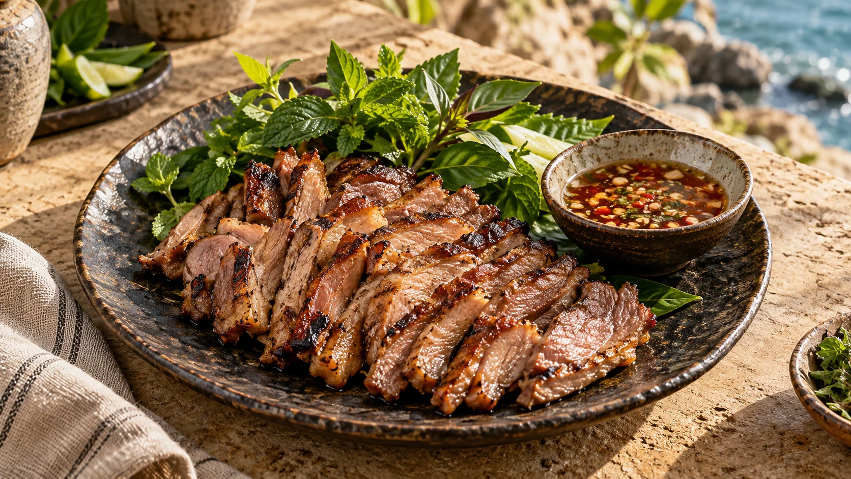 Minh họa món dê nướng cùng rau thơm